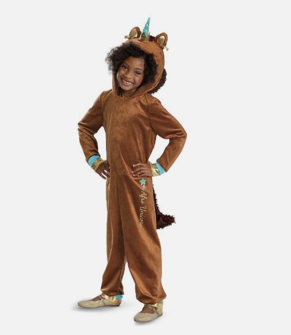 Girl's Deluxe Afro Unicorn Jumpsuit Costume XS  3T - 4T Hooded Girls Jumpsuit